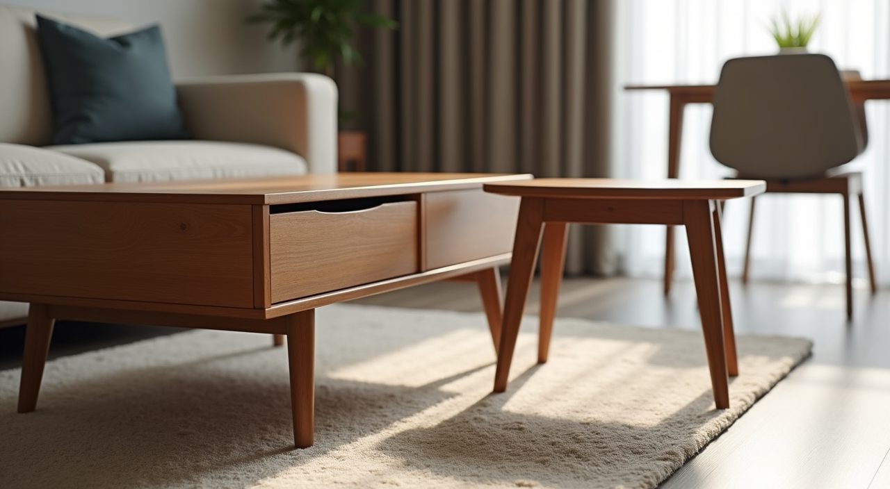 Contemporary Singapore BTO living room space-saving furniture with a storage coffee table and slim-leg nesting tables