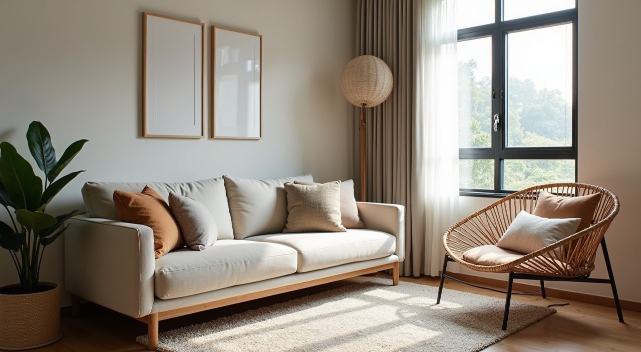Cosy corner of a contemporary Singapore BTO living room with a textured rug, rattan chair, cushions and greenery