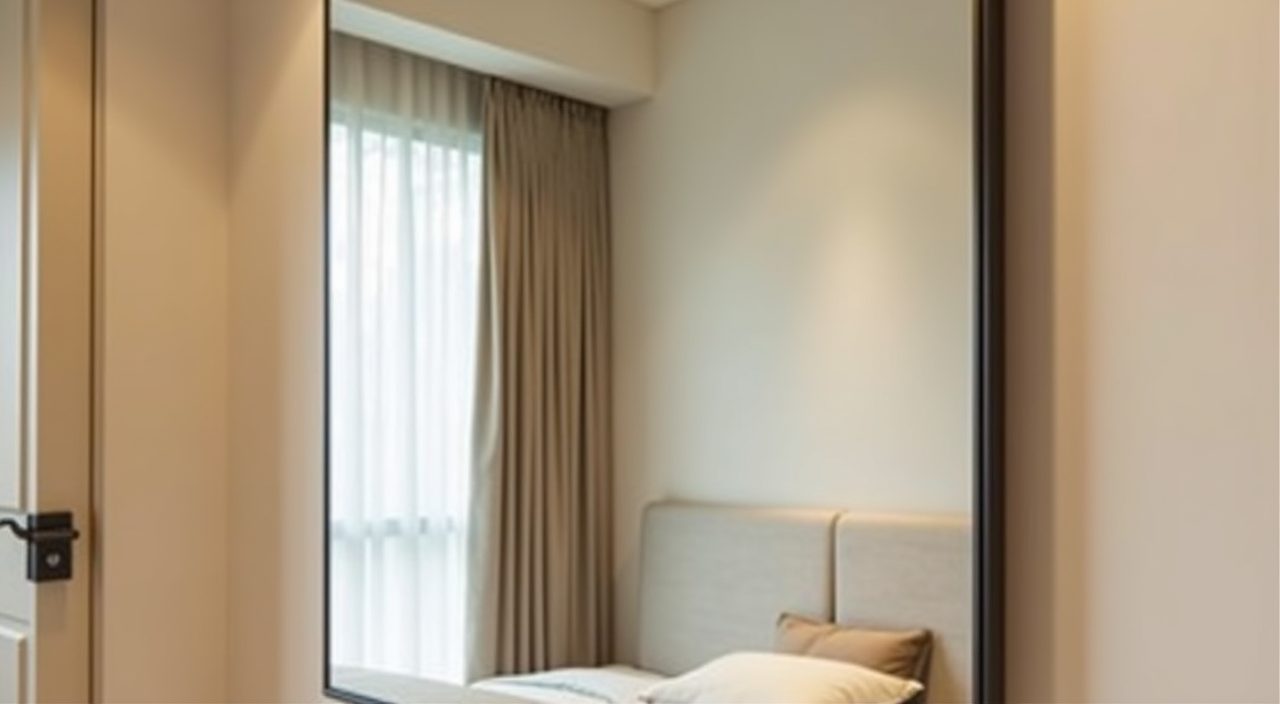Wall mirror detail bouncing daylight in a contemporary Singapore BTO living room
