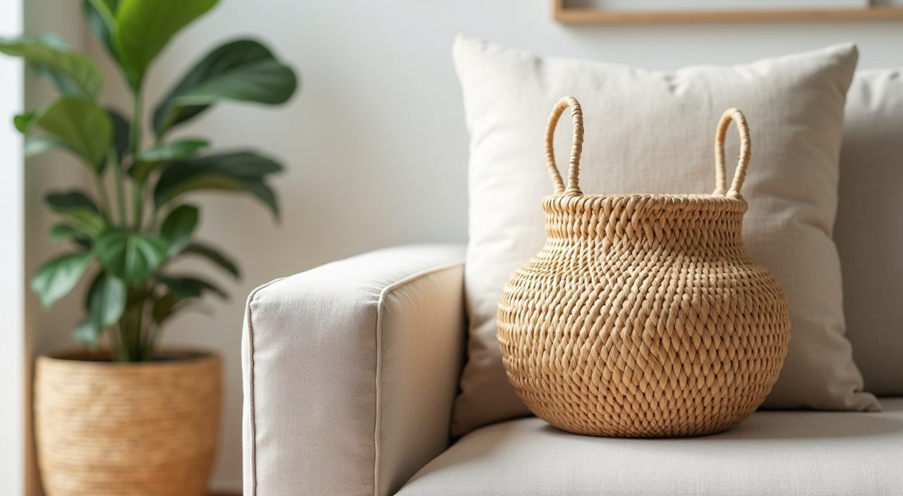 Close-up of rattan basket and linen cushion texture in a contemporary Singapore BTO living room