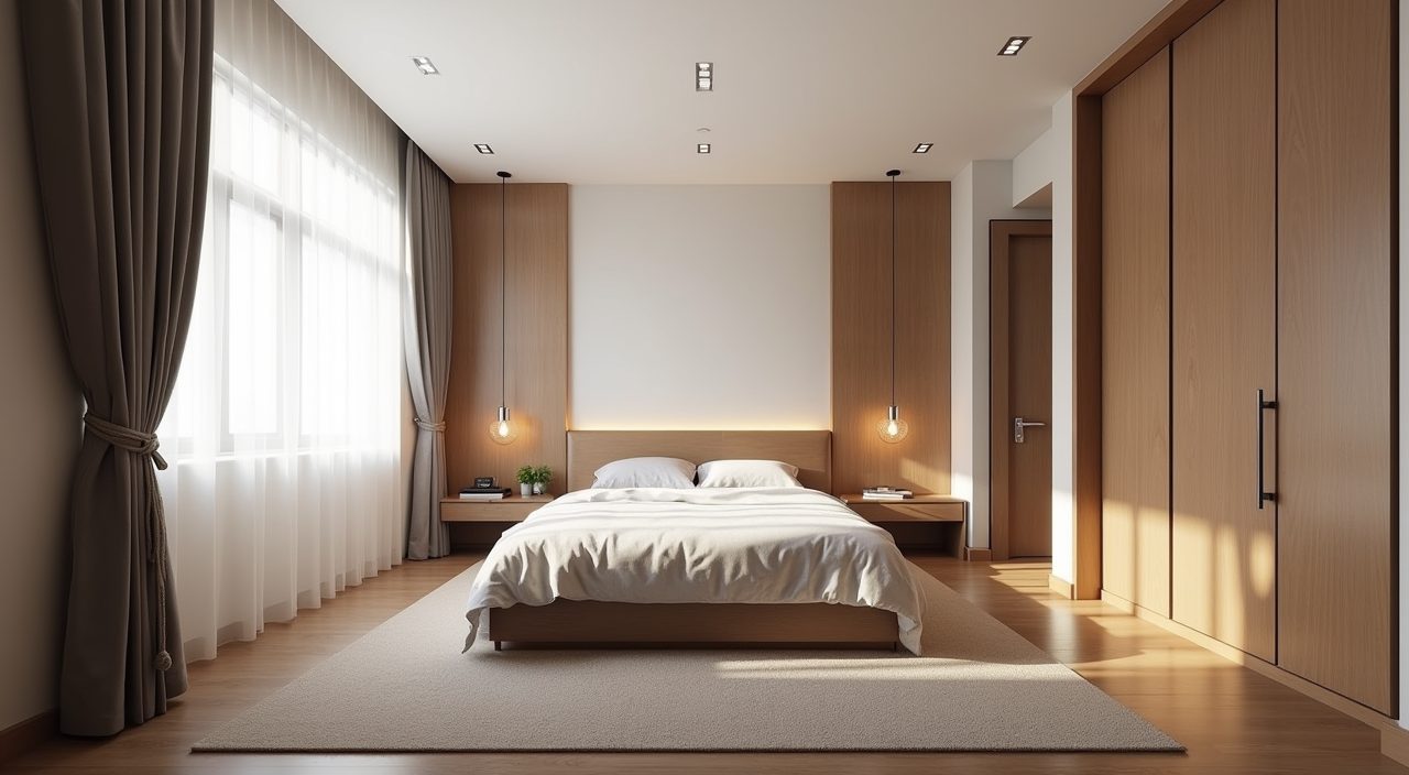Contemporary Singapore BTO master bedroom with queen bed centred on the wall and walkways on both sides