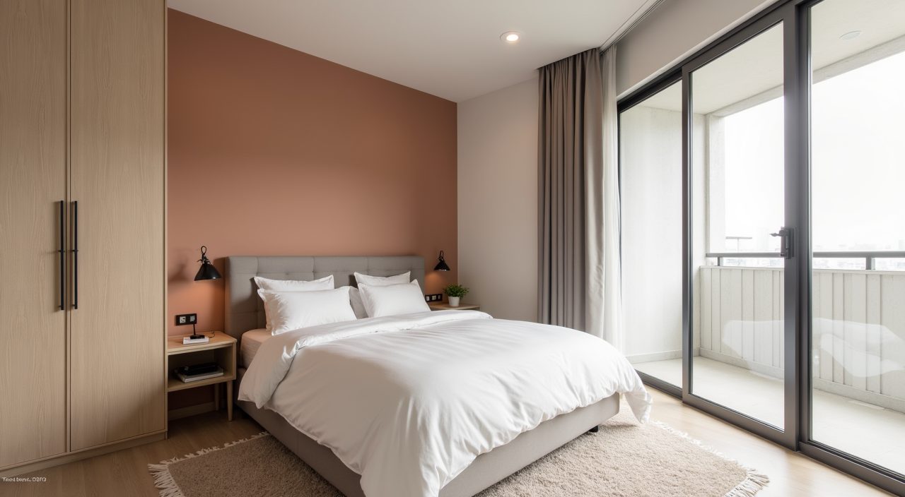 Contemporary Singapore BTO master bedroom with warm greige walls and a muted clay accent wall behind the bed
