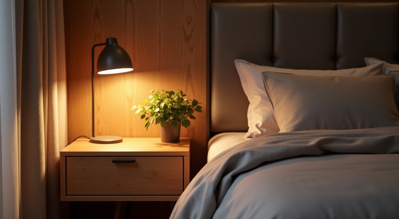 Contemporary Singapore BTO master bedroom bedside detail with a wood nightstand, reading lamp and linen bedding