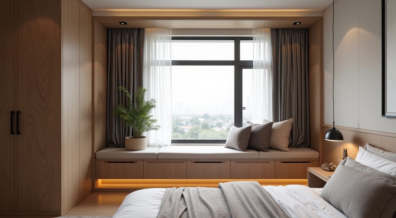 Contemporary Singapore BTO master bedroom bay window seat nook with low storage and muted cushions