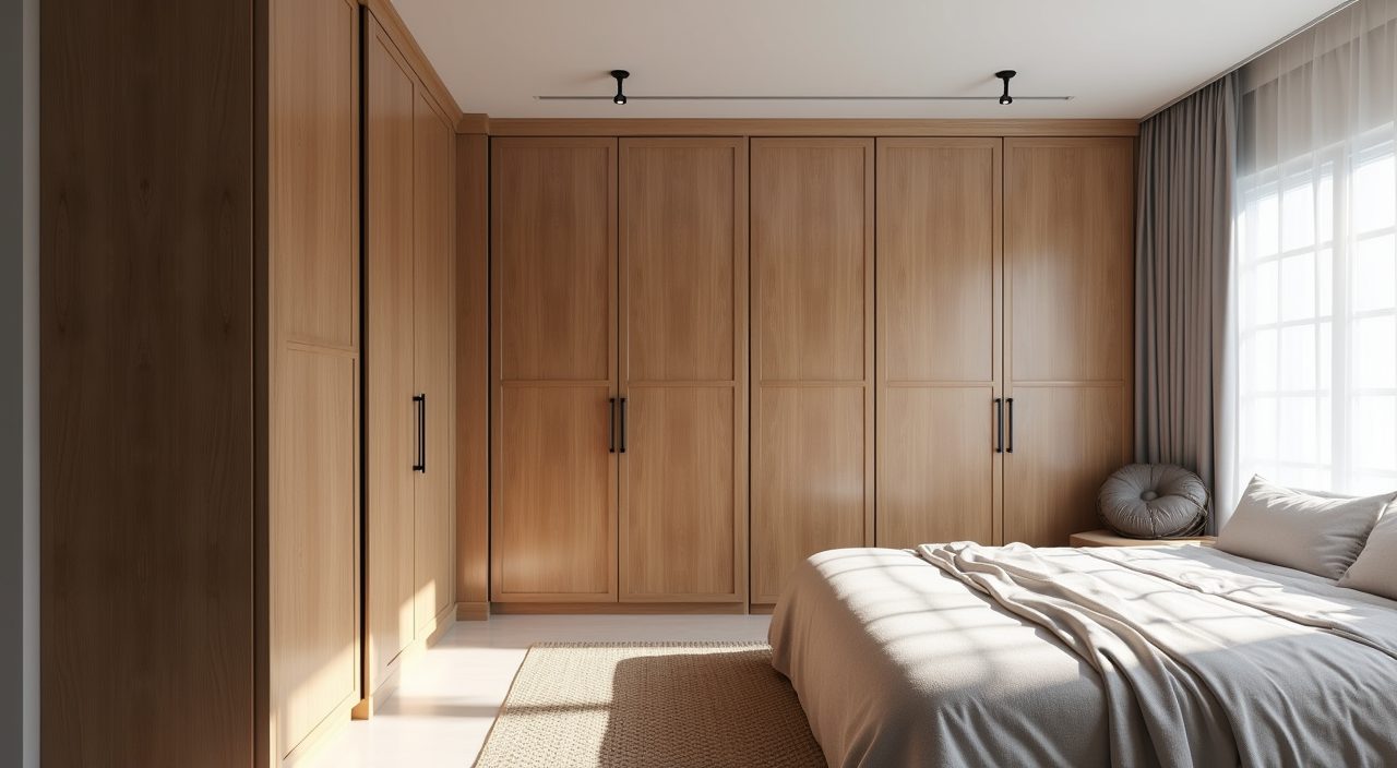 Contemporary Singapore BTO master bedroom full height oak wardrobe with sliding doors running to the ceiling