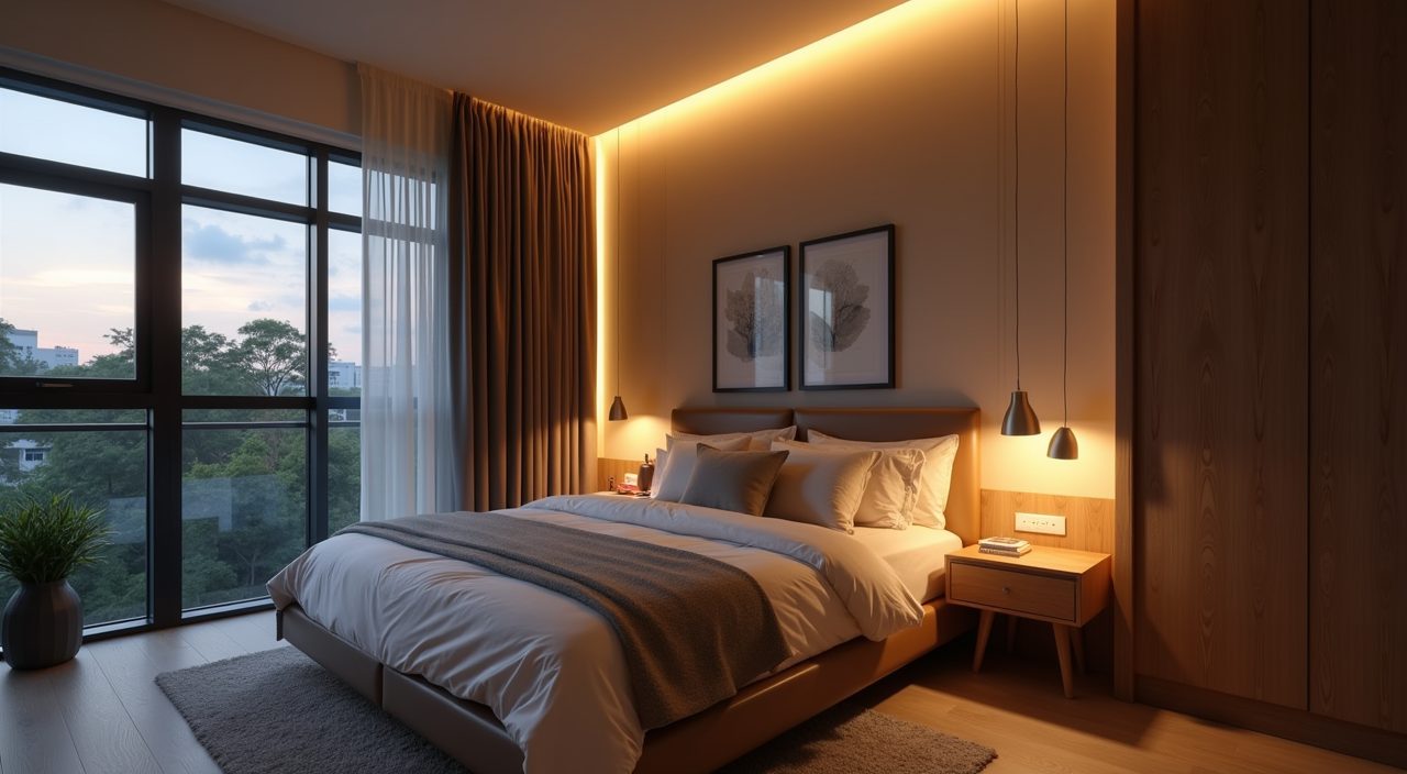 Contemporary Singapore BTO master bedroom with layered warm cove lighting and bedside reading lights at dusk