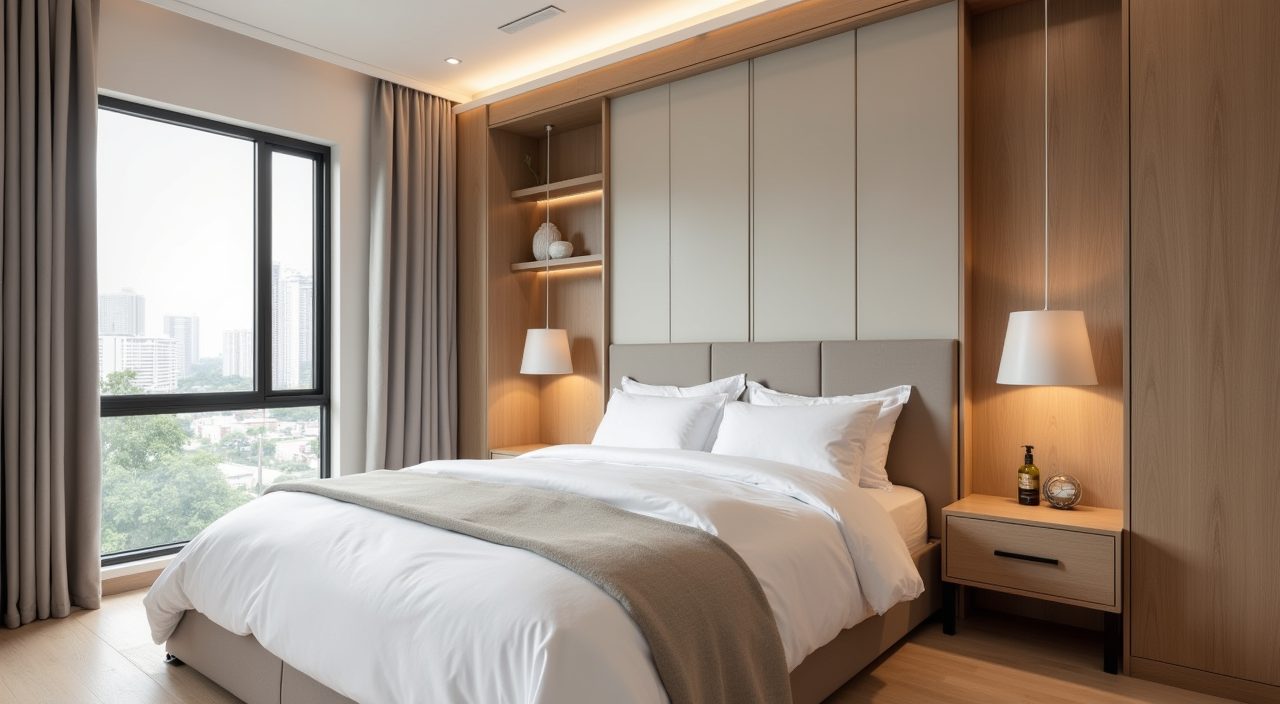 Contemporary Singapore BTO master bedroom with moisture tolerant laminate carpentry and vinyl plank flooring