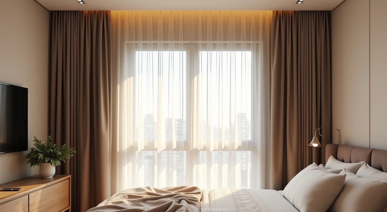 Contemporary Singapore BTO master bedroom window with sheer day curtains and blackout curtains on a ceiling track