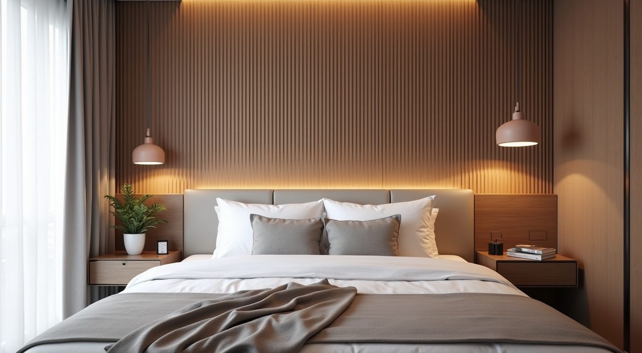Contemporary Singapore BTO master bedroom with a fluted slatted timber headboard feature wall behind the bed