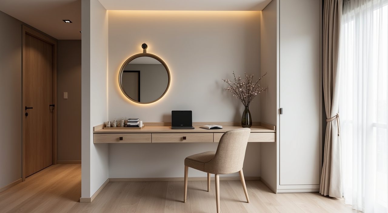 Contemporary Singapore BTO master bedroom corner with a slim wall mounted vanity ledge, mirror and drawers