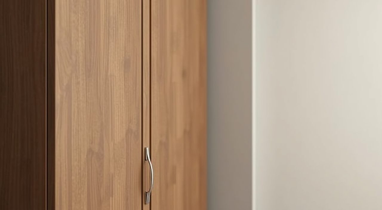 Contemporary Singapore BTO master bedroom close up of warm oak laminate wardrobe finish against a greige wall