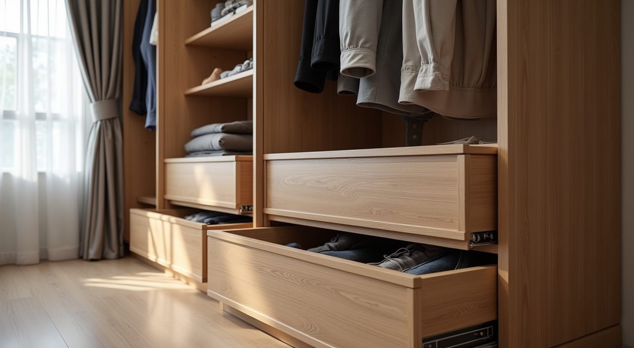 Contemporary Singapore BTO master bedroom wardrobe interior with pull out trays, drawers and mixed hanging rails
