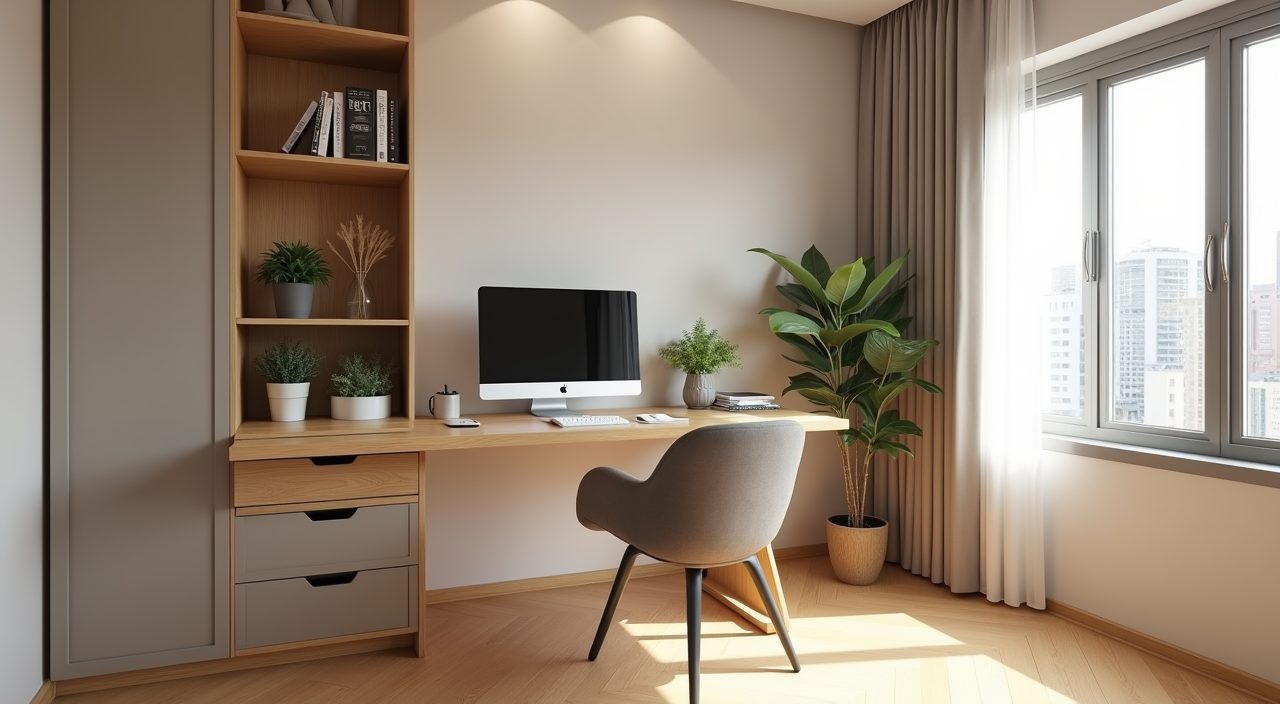 Contemporary Singapore BTO study room with a built in oak laminate desk across the bay window