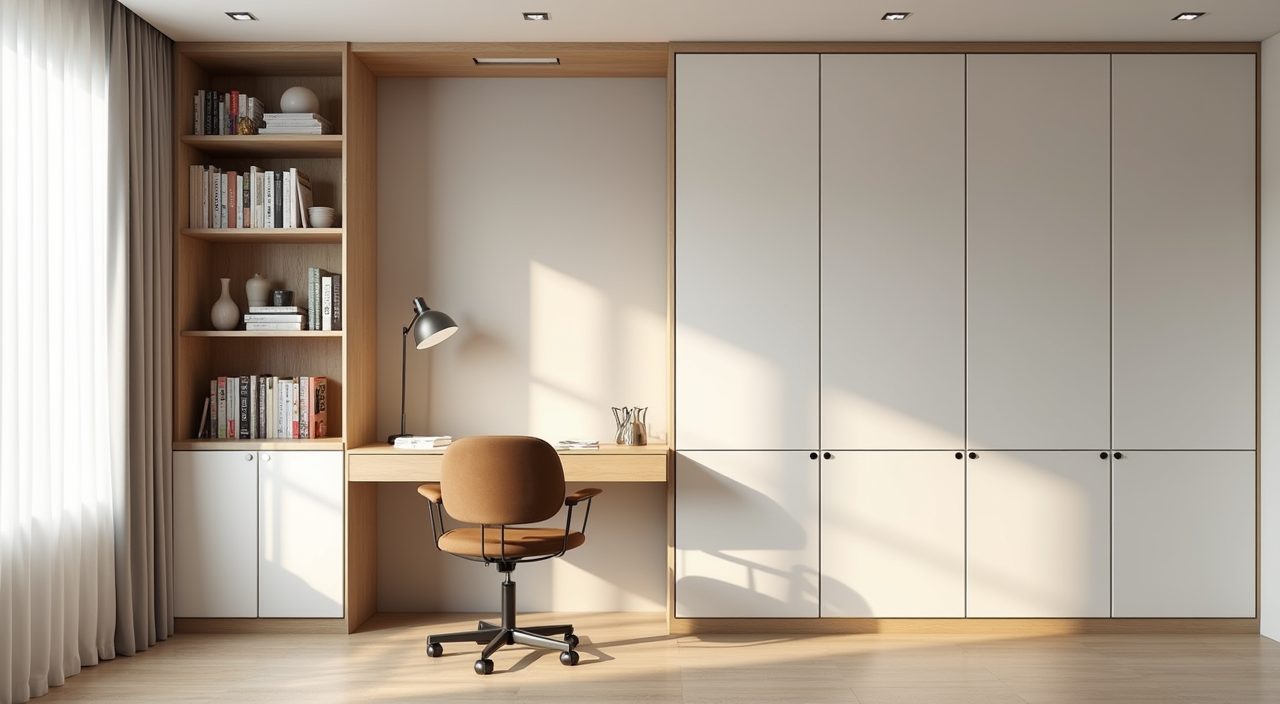 Contemporary Singapore BTO study room with floor to ceiling vertical wall storage above the desk