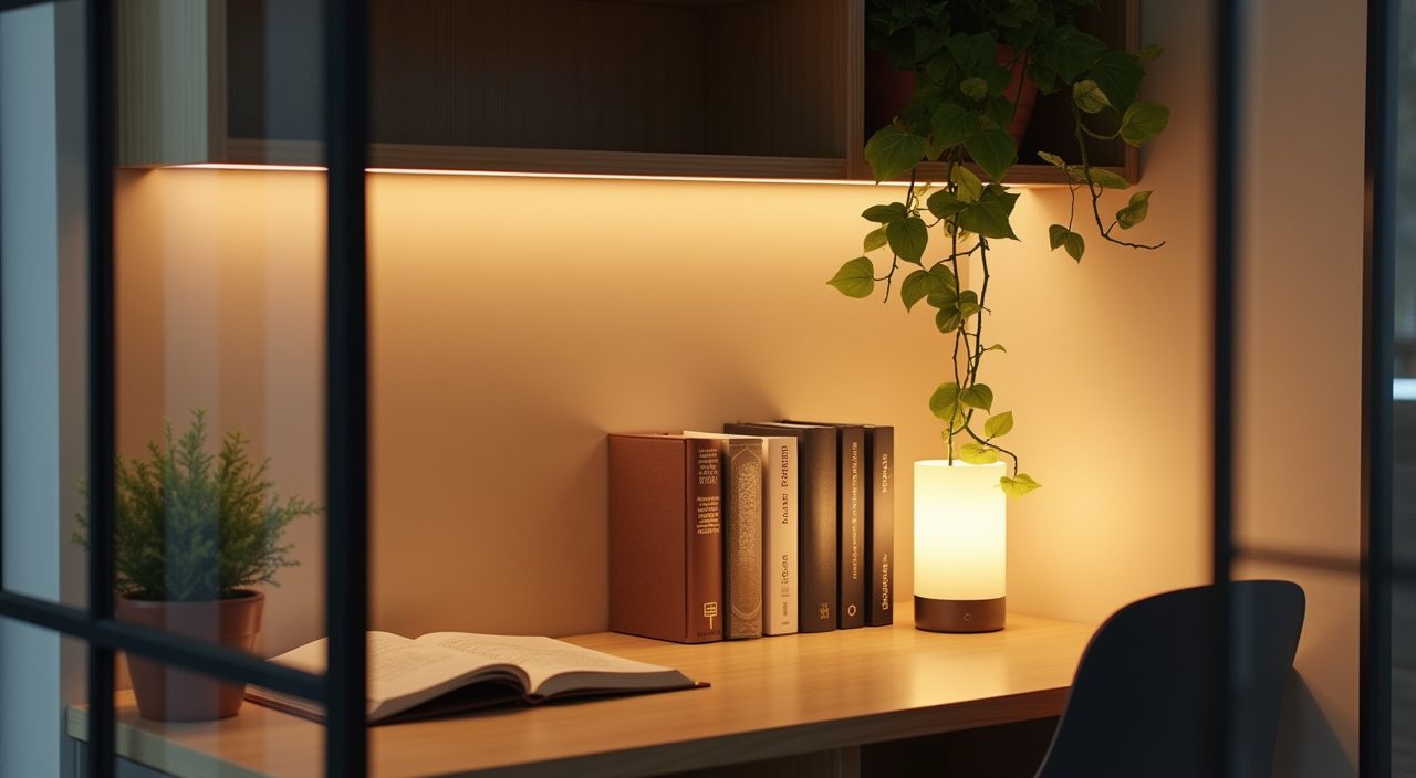 Cosy reading nook corner in a contemporary Singapore BTO study room with a warm lamp and trailing pothos
