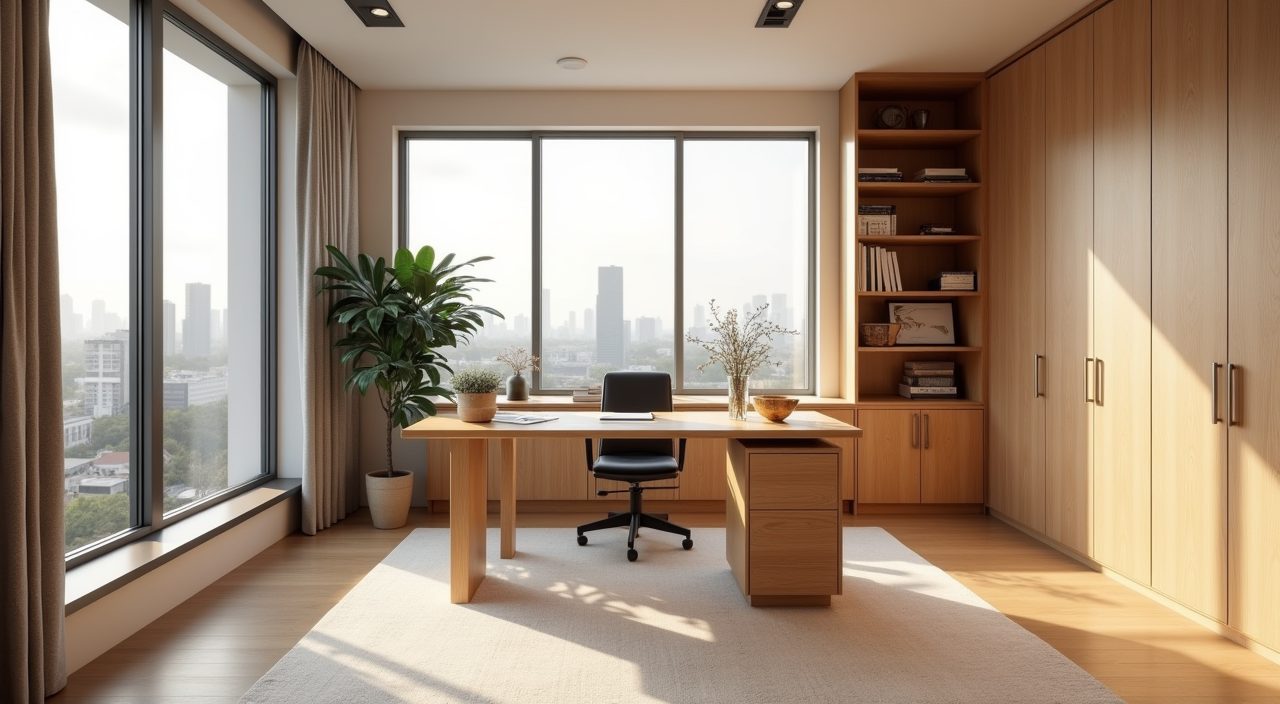 Wide view of a full contemporary Singapore BTO study room in bright morning daylight