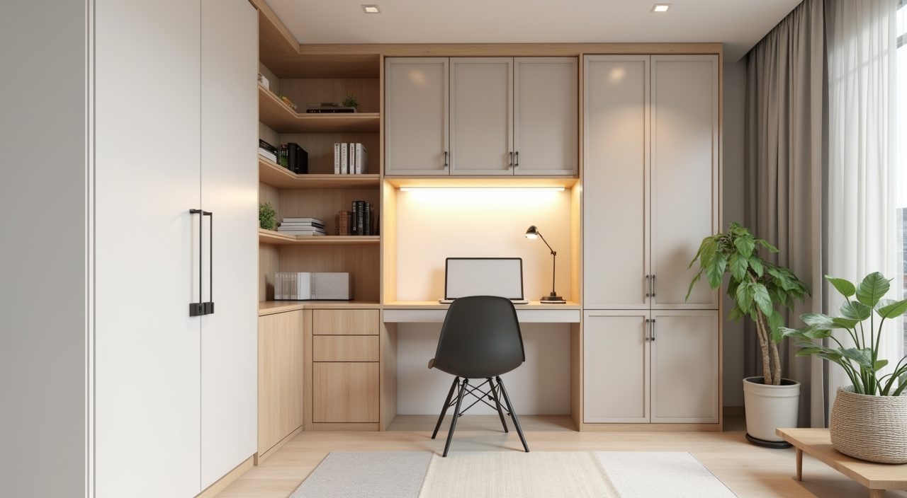 Contemporary Singapore BTO study room in a light warm greige and oak palette with a charcoal chair accent