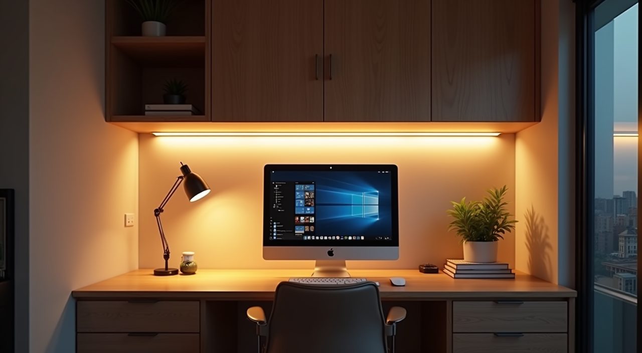 Contemporary Singapore BTO study room showing layered ceiling, task and under cabinet lighting at dusk
