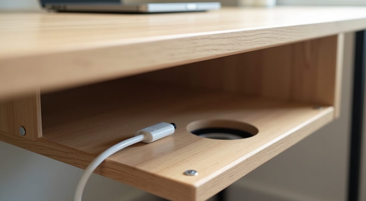 Close up of hidden cable management and desk height sockets under a Singapore BTO study desk