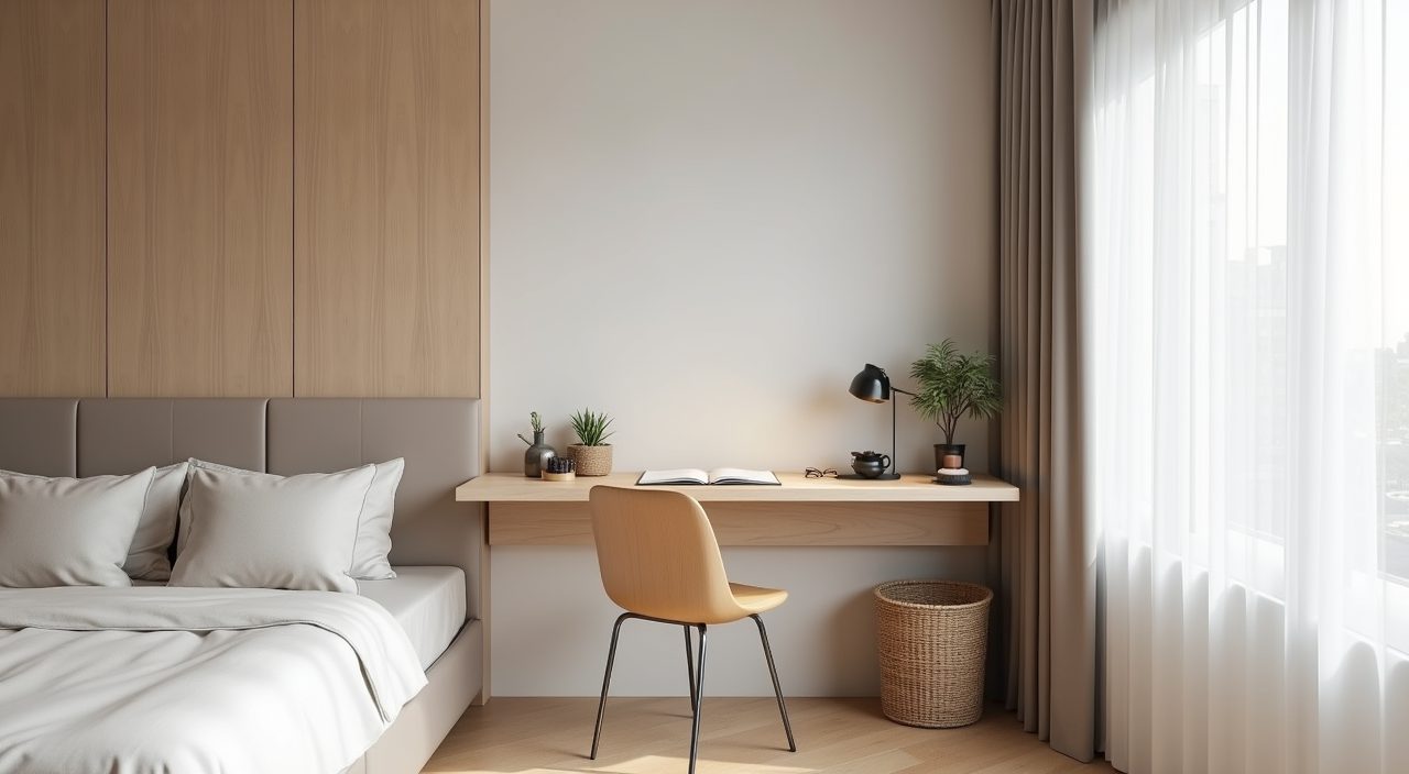 Contemporary Singapore BTO bedroom corner with a slim fold down study desk sharing the room