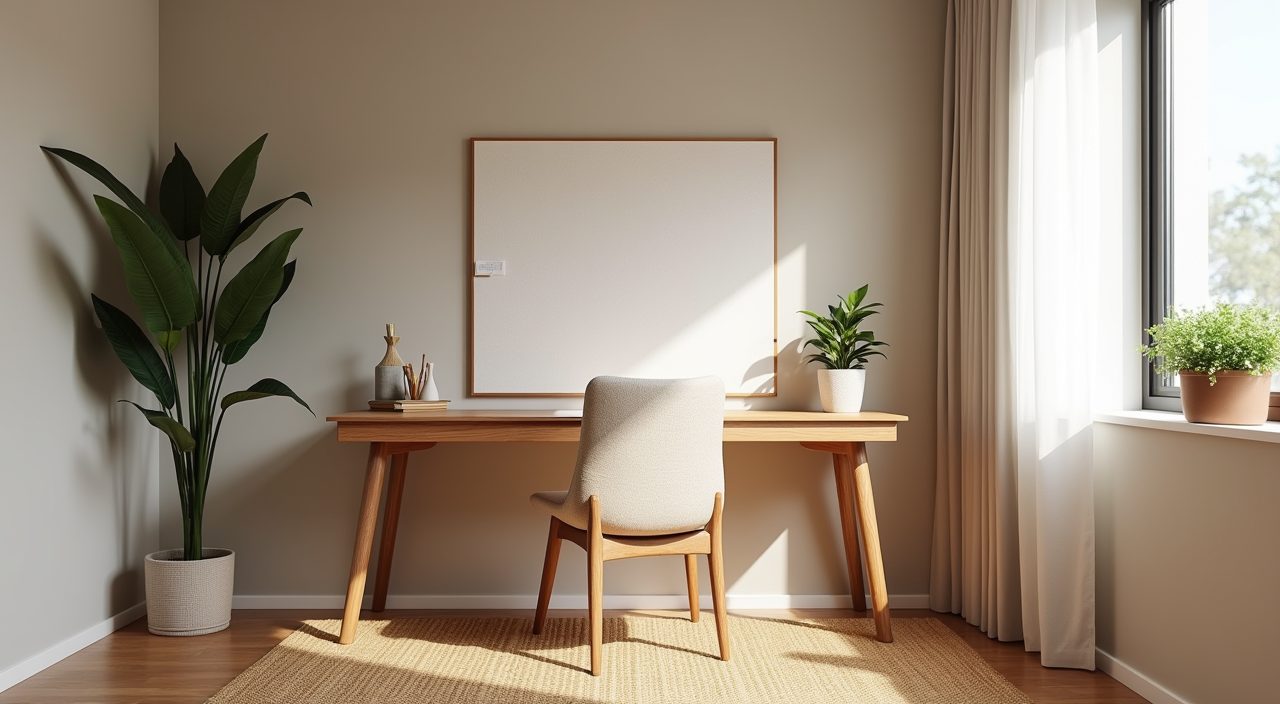 Contemporary Singapore BTO study room with an acoustic felt wall panel, rug and a snake plant for calm