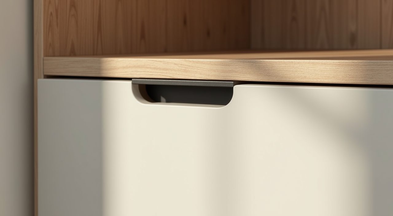 Close up material detail of oak laminate, matte cabinet and black bracket in a Singapore BTO study