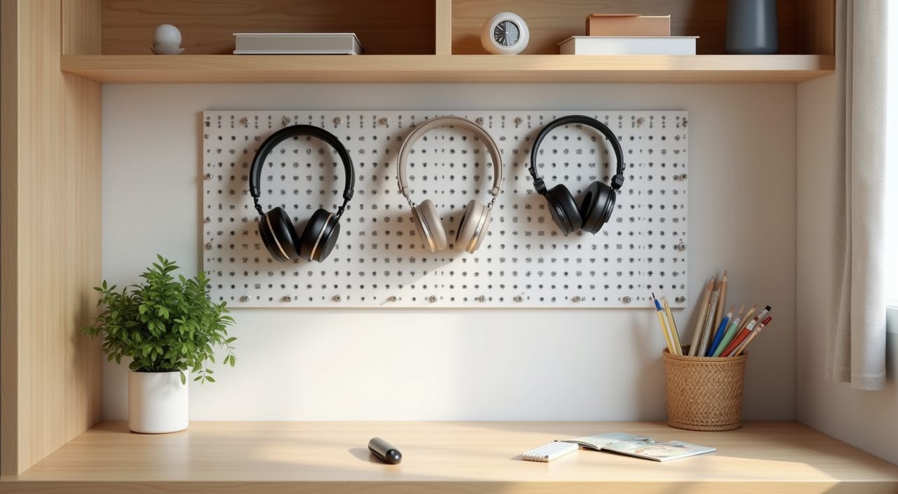 Close up of a pegboard organiser above the desk in a contemporary Singapore BTO study room