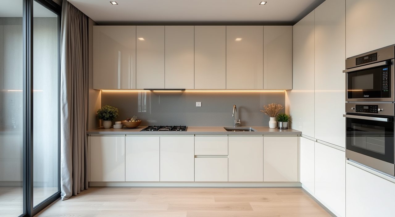 Contemporary Singapore condo kitchen split into a dry zone and wet zone with a glass sliding divider