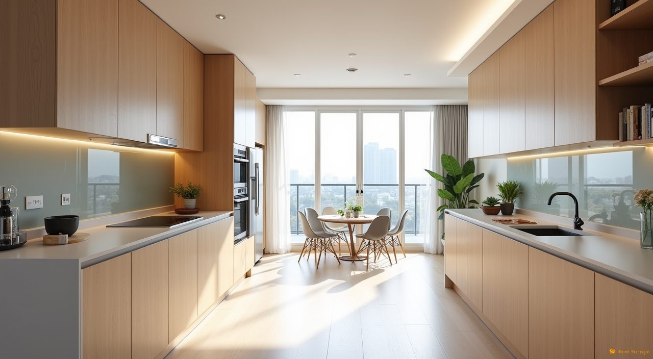 Contemporary Singapore condo kitchen with an L-shaped galley layout and clear central walkway