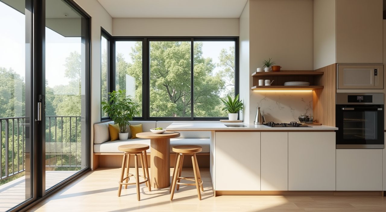 Breakfast nook corner with a peninsula edge and stools in a contemporary Singapore condo kitchen