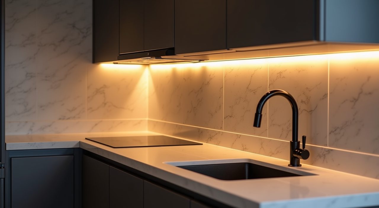 Under-cabinet LED strip lighting glowing over a worktop in a contemporary Singapore condo kitchen