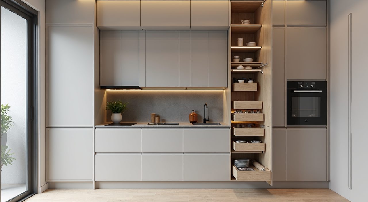 Contemporary Singapore condo kitchen with floor-to-ceiling cabinets and a tall pull-out larder unit