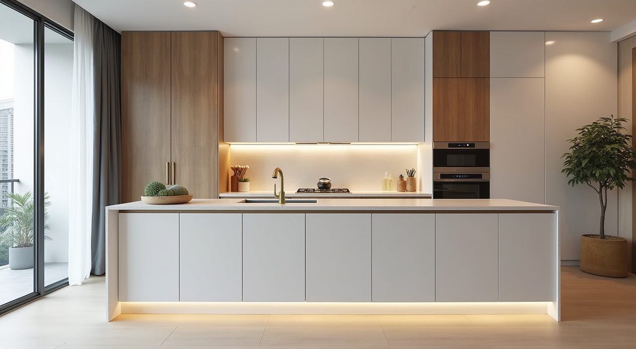 Contemporary Singapore condo kitchen in a light palette with warm wood and brushed brass accents