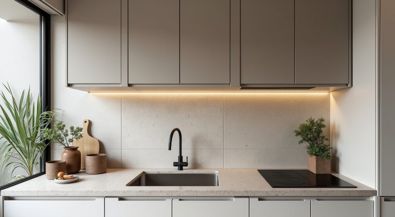 Contemporary Singapore condo kitchen with sintered stone worktop and large-format porcelain backsplash for humidity
