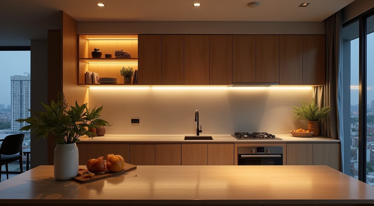 Contemporary Singapore condo kitchen with layered lighting including under-cabinet LED strips