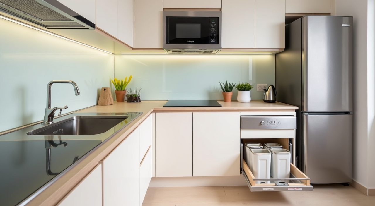 Contemporary Singapore condo kitchen with integrated appliances and a pull-out under-sink recycling bin unit