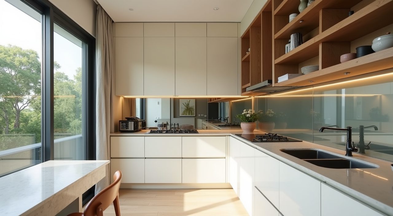 Contemporary Singapore condo kitchen using a mirrored backsplash and open shelving to borrow light