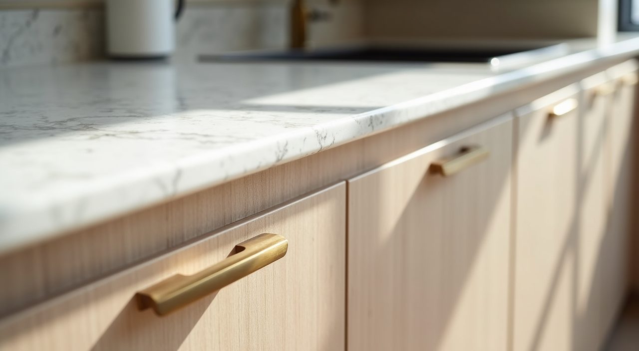 Close-up of a quartz worktop and brushed brass handle in a contemporary Singapore condo kitchen
