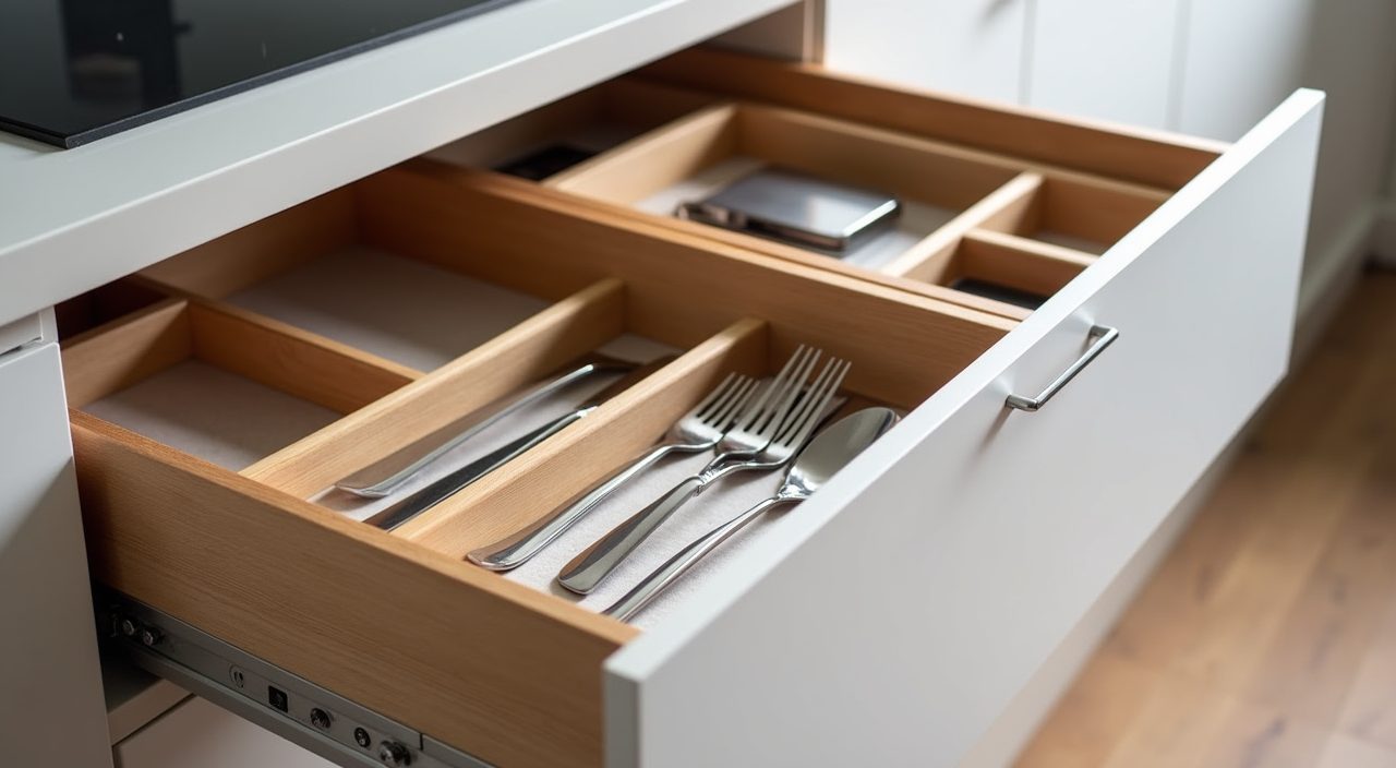 Open soft-close deep drawer with pull-out trays in a contemporary Singapore condo kitchen