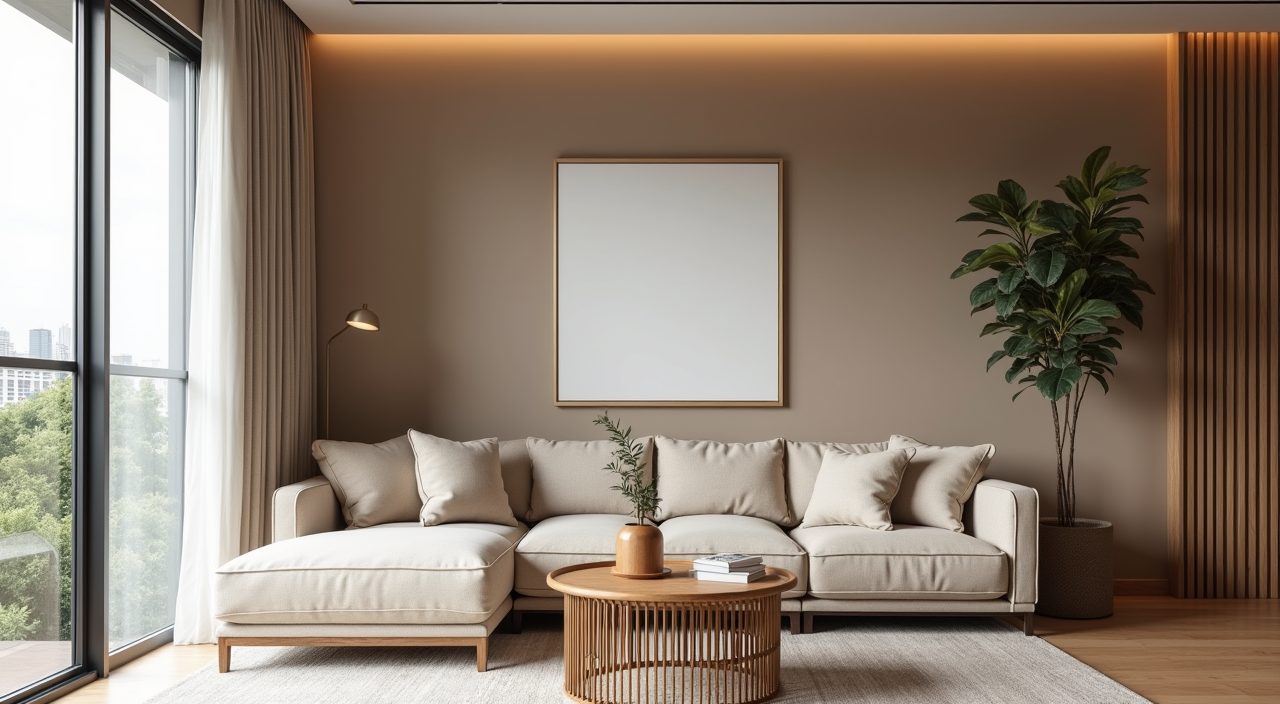Contemporary condo living room in warm greige and taupe neutral palette