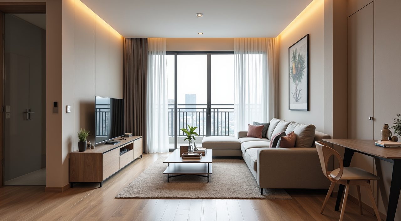 Contemporary condo living room with a clear open walkway to the balcony