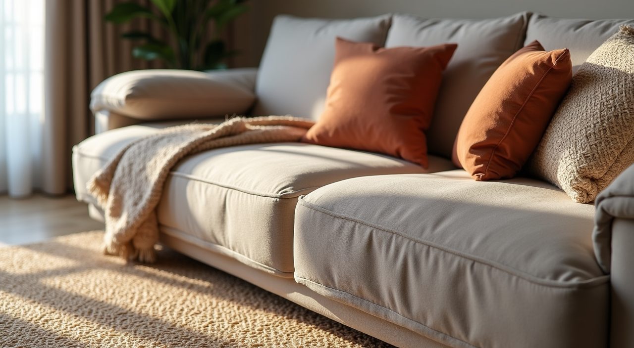 Close up of cushions, throw and rug soft furnishing details in a contemporary condo living room