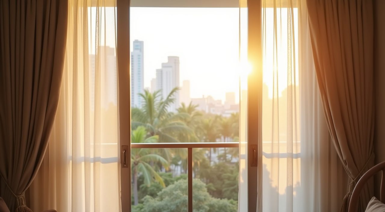 Sheer curtain and balcony window lighting detail in a contemporary condo living room
