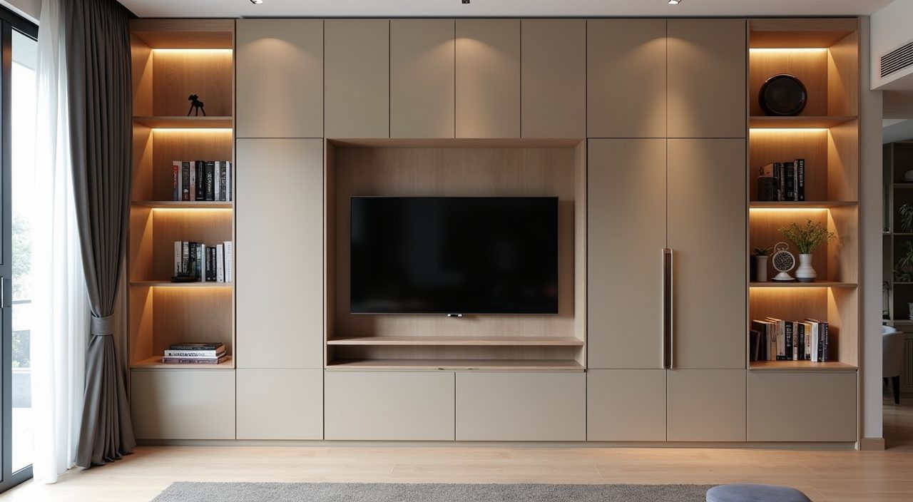 Contemporary condo living room with full height built in wall storage