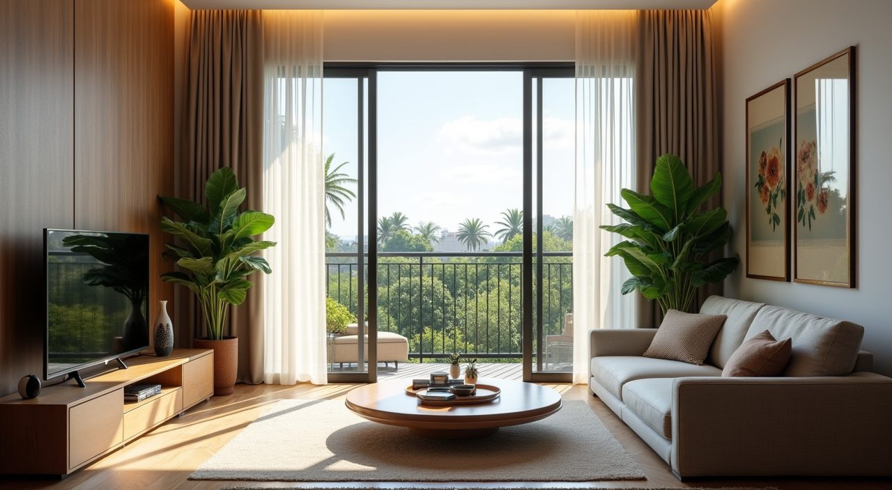 Contemporary condo living room facing a full height balcony window with sheer curtains