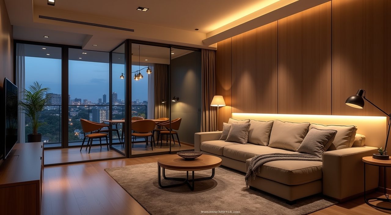Contemporary condo living room at night with layered warm ambient, task and accent lighting
