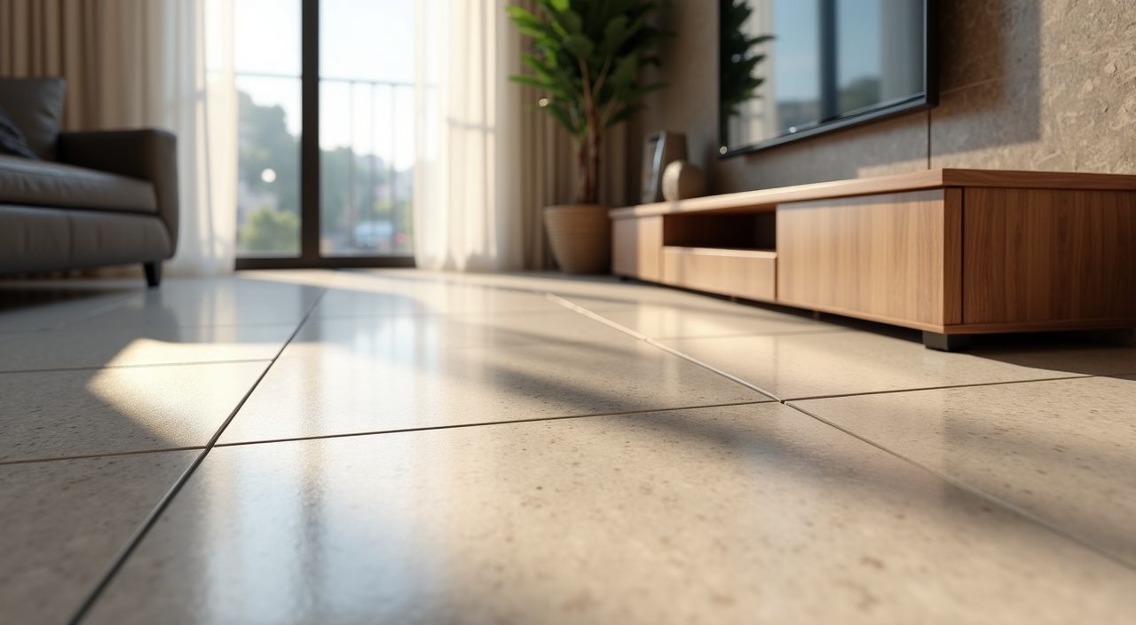 Close up of porcelain tile flooring and laminate feature wall in a contemporary condo living room