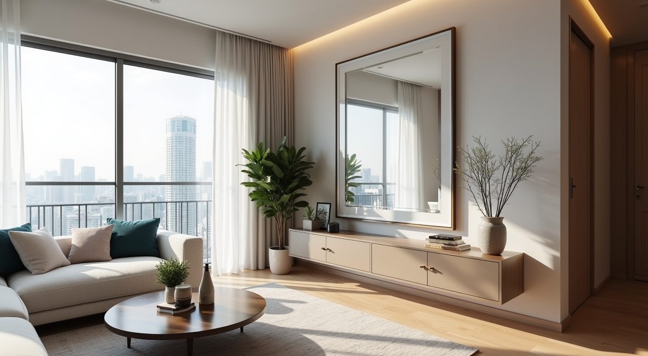 Contemporary condo living room using a large mirror to stretch the space and bounce daylight