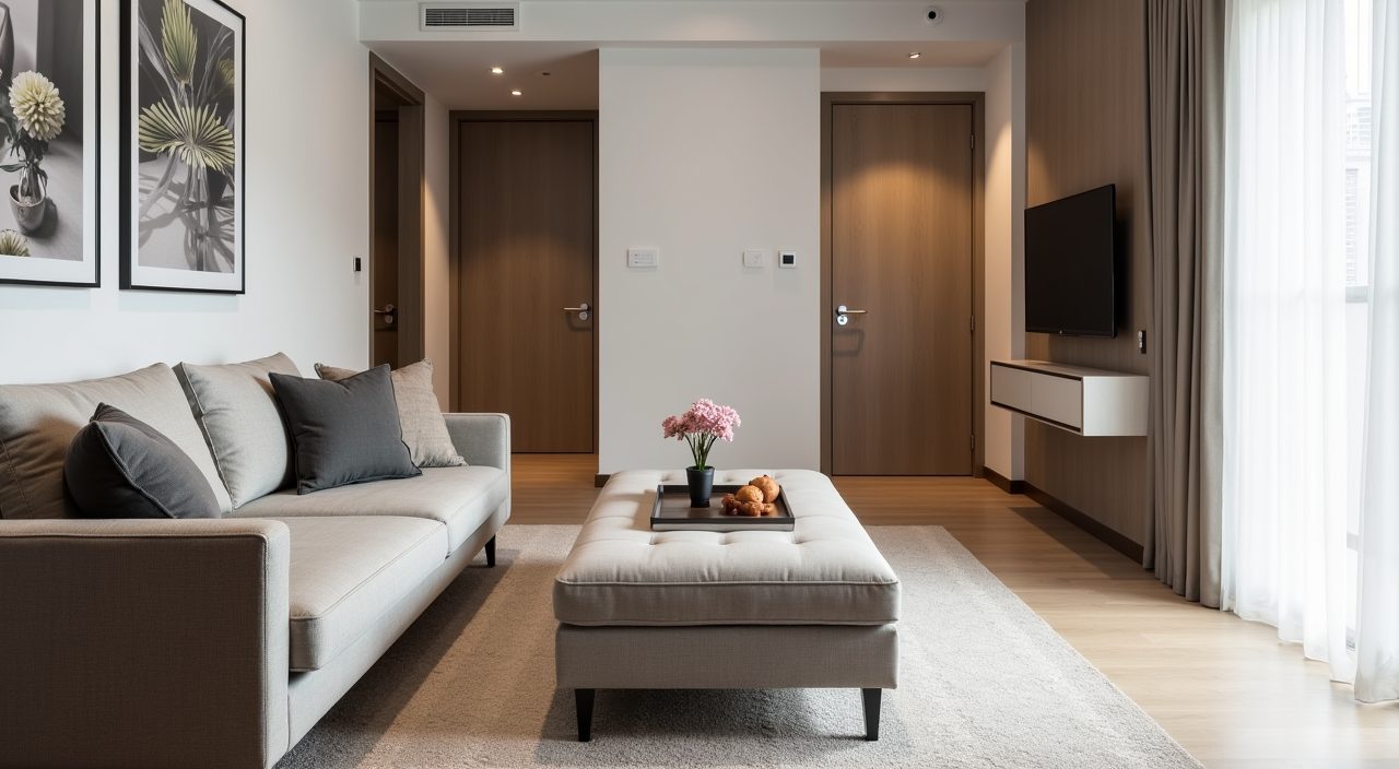 Contemporary condo living room with storage ottoman and low profile multi use furniture