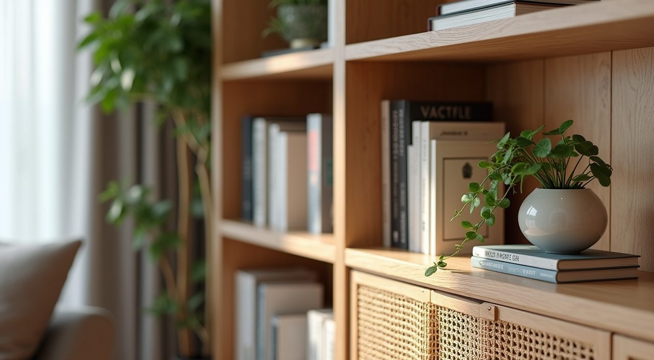 Styled open shelving niche detail in a contemporary condo living room